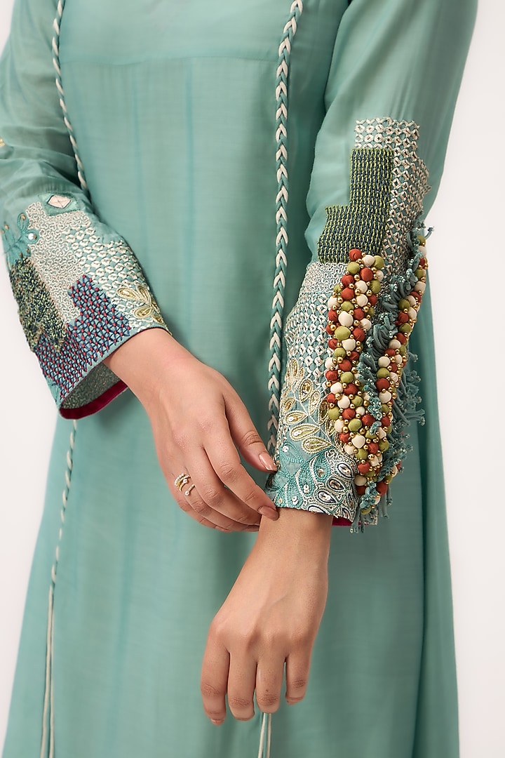 Warm Teal Muslin Silk Thread Embroidered A-Line Knee-Length Vacation Dress by Ruchi Marodia at Pernia's Pop Up Shop