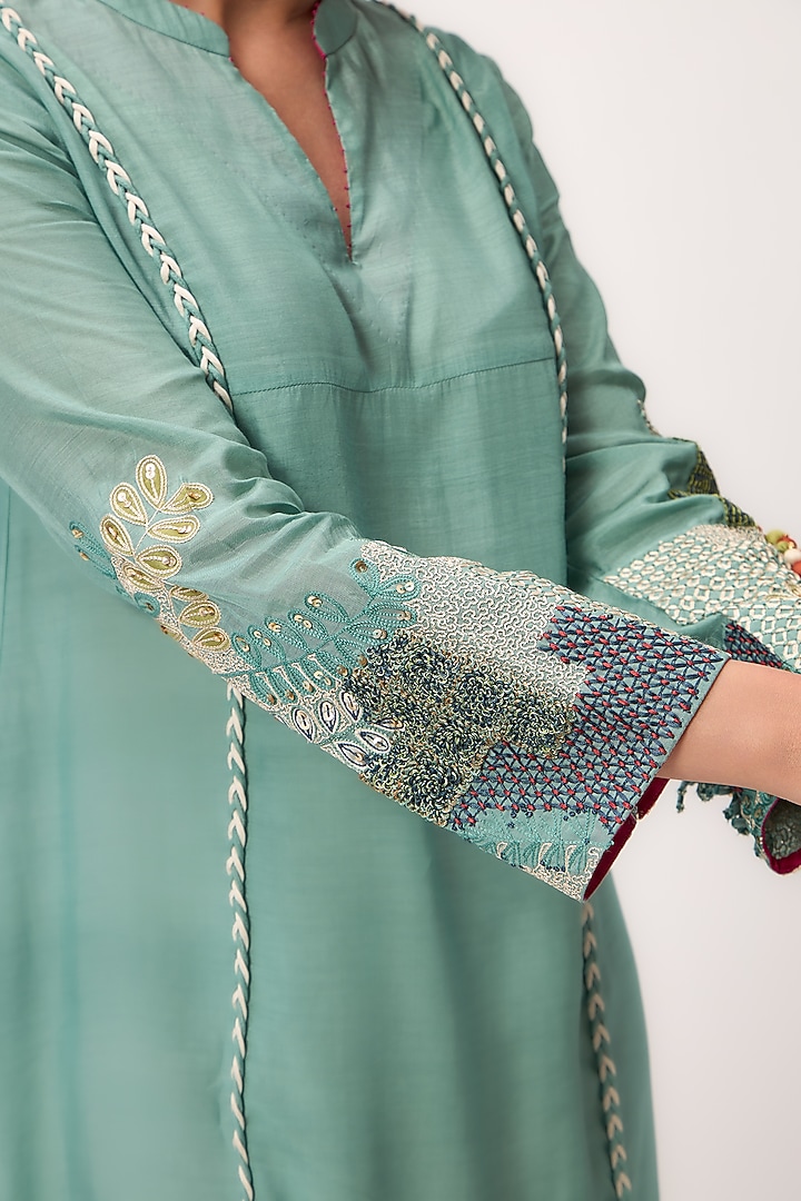 Warm Teal Muslin Silk Thread Embroidered A-Line Knee-Length Vacation Dress by Ruchi Marodia at Pernia's Pop Up Shop