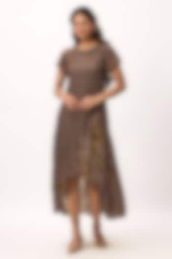 Wood Brown Muslin Silk Handpainted Summer Dress by Ruchi Marodia at Pernia's Pop Up Shop