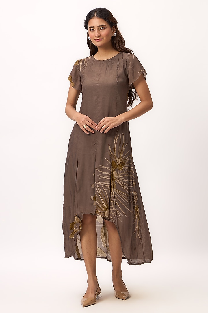 Wood Brown Muslin Silk Handpainted Summer Dress by Ruchi Marodia at Pernia's Pop Up Shop