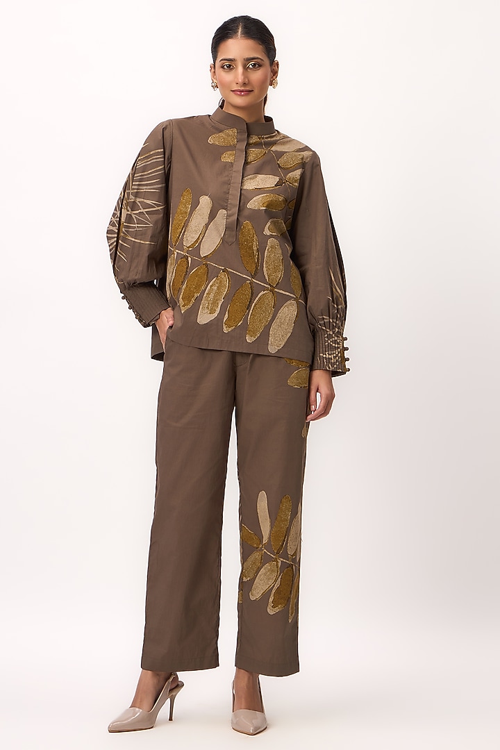 Wood Brown Organic Cotton Poplin Printed Co-Ord Set by Ruchi Marodia at Pernia's Pop Up Shop