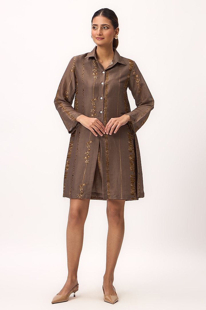 Wood Brown Chanderi Digital Printed Summer Dress by Ruchi Marodia at Pernia's Pop Up Shop
