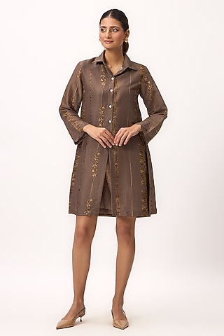 Wood Brown Chanderi Digital Printed Dress by Ruchi Marodia