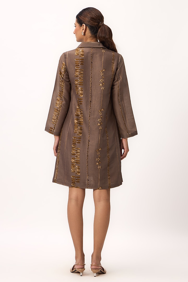 Wood Brown Chanderi Digital Printed Summer Dress by Ruchi Marodia at Pernia's Pop Up Shop