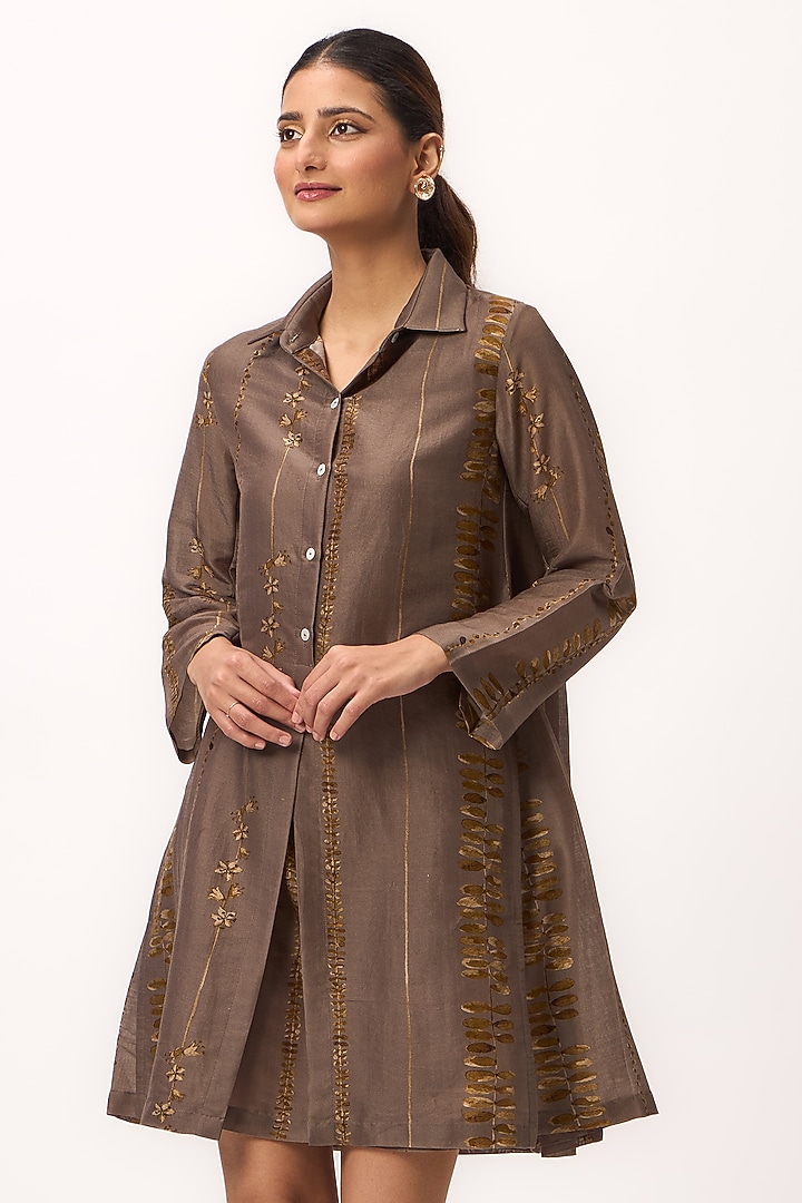 Wood Brown Chanderi Digital Printed Summer Dress by Ruchi Marodia at Pernia's Pop Up Shop
