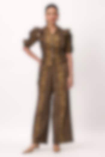 Wood Brown Cotton Satin Handpainted Co-Ord Set by Ruchi Marodia at Pernia's Pop Up Shop