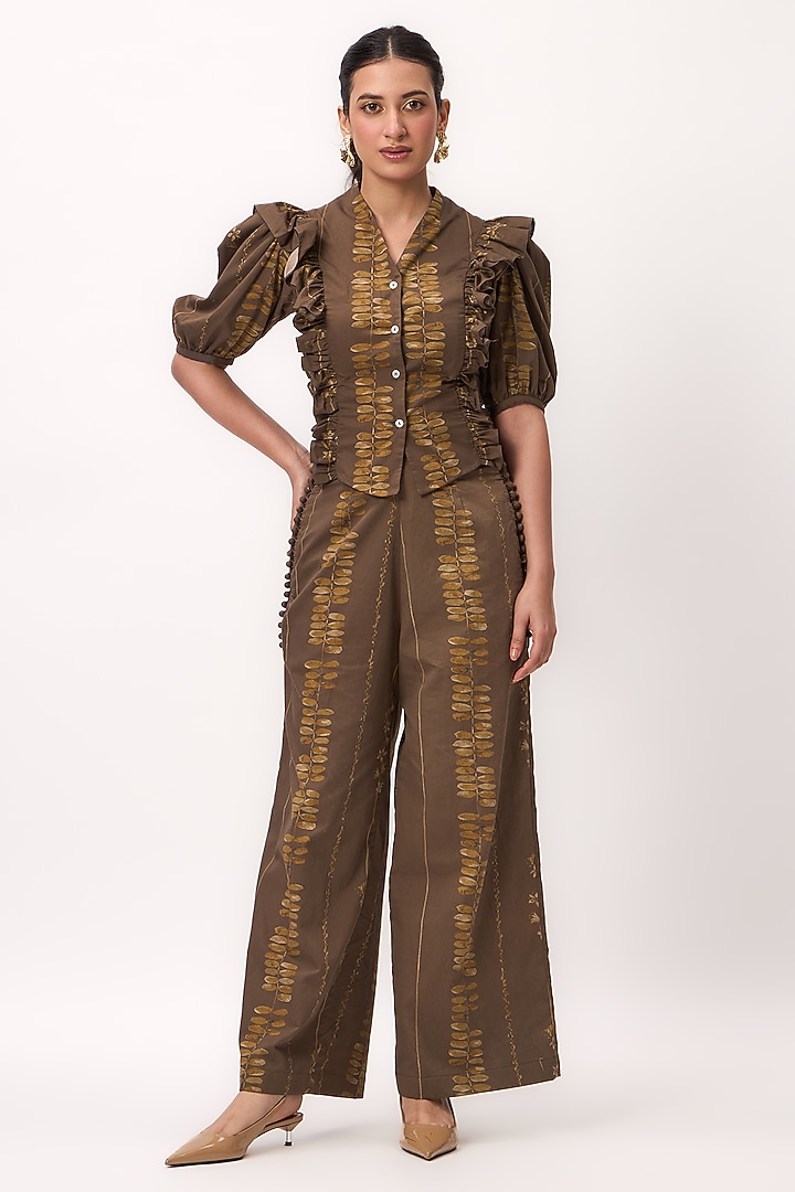 Wood Brown Cotton Satin Handpainted Co-Ord Set by Ruchi Marodia at Pernia's Pop Up Shop