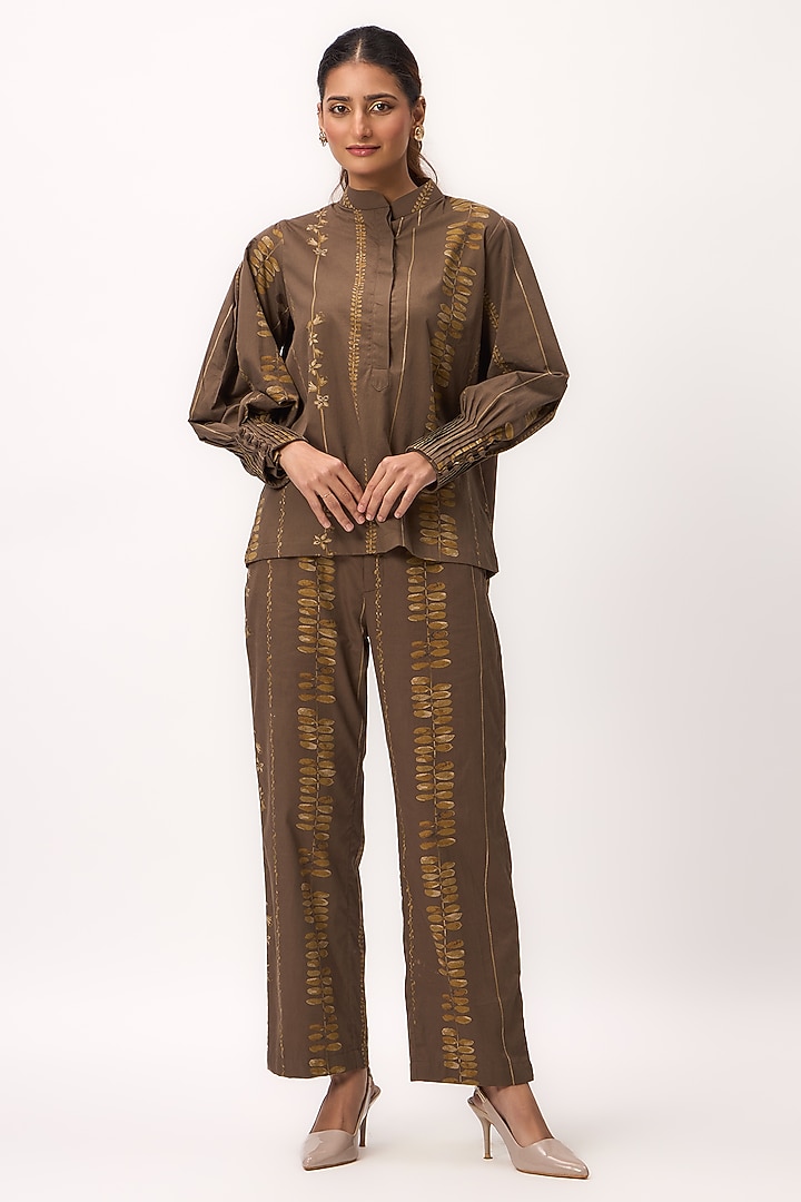 Wood Brown Cotton Satin Handpainted Co-Ord Set by Ruchi Marodia at Pernia's Pop Up Shop