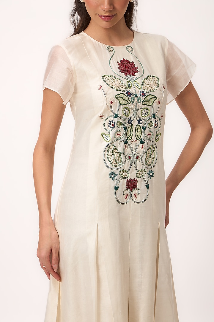 Off-White Chanderi Resham Embroidered Summer Dress by Ruchi Marodia at Pernia's Pop Up Shop