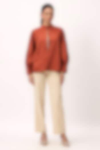 Burnt Orange Organic Cotton Satin Resham Embroidered Shirt by Ruchi Marodia at Pernia's Pop Up Shop