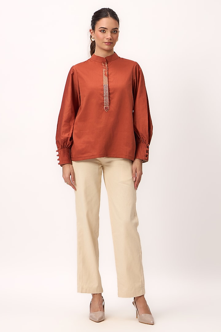 Burnt Orange Organic Cotton Satin Resham Embroidered Shirt by Ruchi Marodia at Pernia's Pop Up Shop