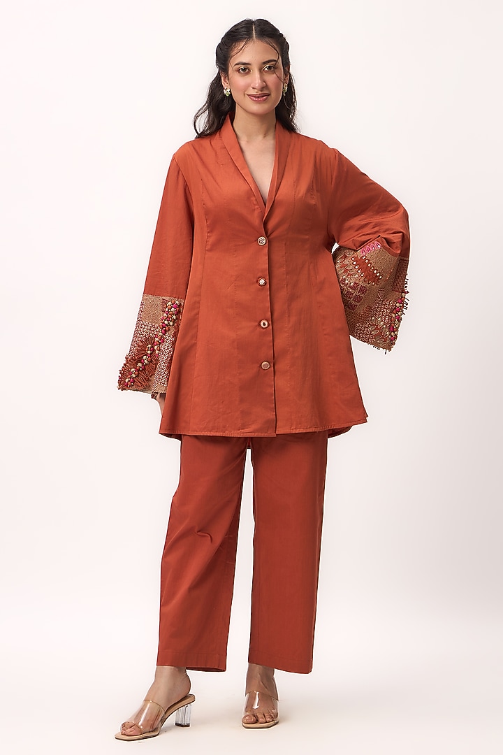 Burnt Orange Organic Cotton Satin Resham Embroidered Co-Ord Set by Ruchi Marodia at Pernia's Pop Up Shop