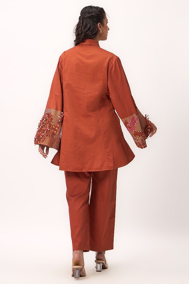 Burnt Orange Organic Cotton Satin Resham Embroidered Co-Ord Set by Ruchi Marodia at Pernia's Pop Up Shop