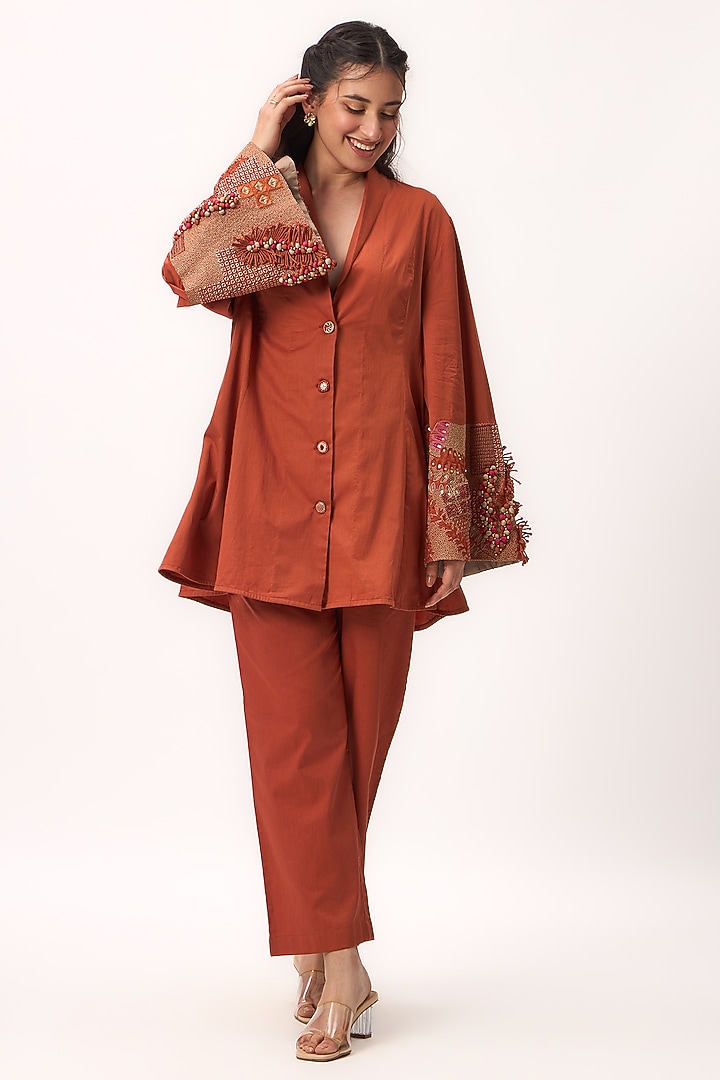 Burnt Orange Organic Cotton Satin Resham Embroidered Co-Ord Set by Ruchi Marodia at Pernia's Pop Up Shop