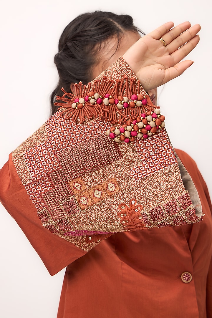 Burnt Orange Organic Cotton Satin Resham Embroidered Co-Ord Set by Ruchi Marodia at Pernia's Pop Up Shop