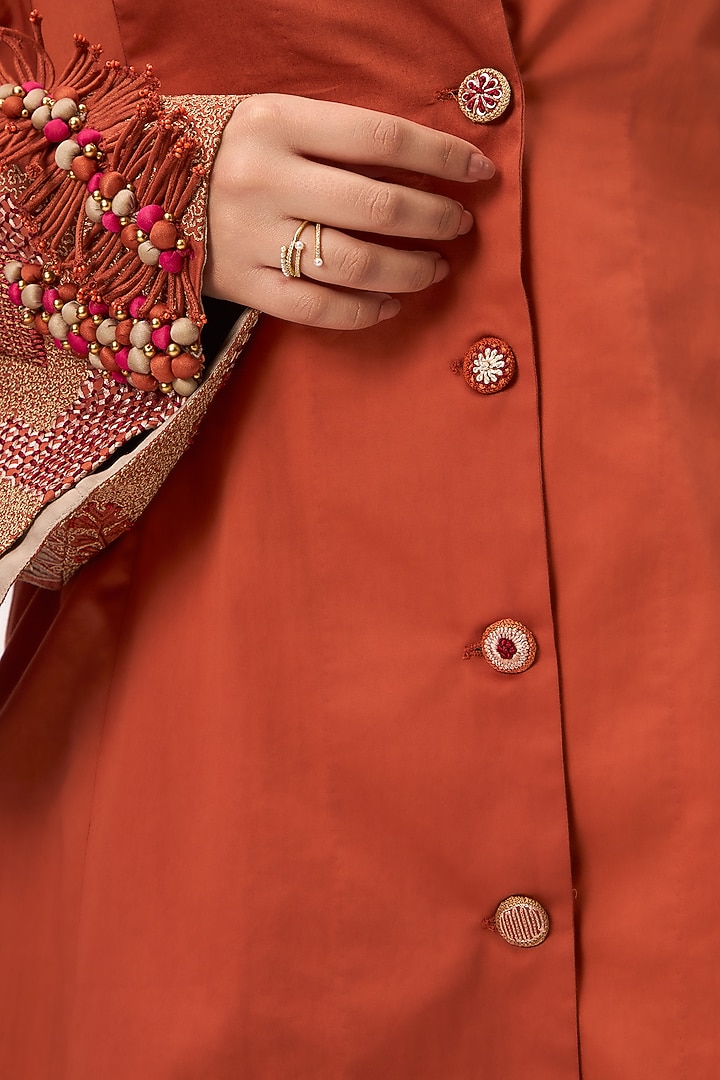 Burnt Orange Organic Cotton Satin Resham Embroidered Co-Ord Set by Ruchi Marodia at Pernia's Pop Up Shop