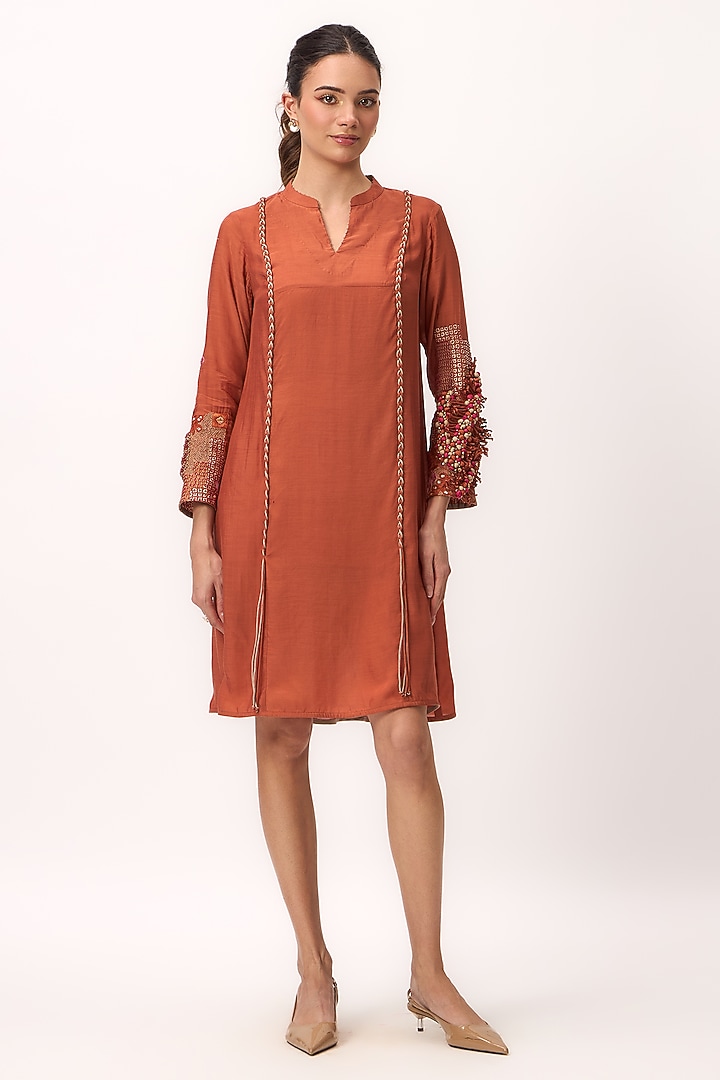 Burnt Orange Organic Muslin Silk Resham Embroidered Vacation Dress by Ruchi Marodia at Pernia's Pop Up Shop