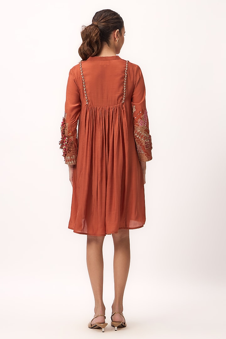 Burnt Orange Organic Muslin Silk Resham Embroidered Vacation Dress by Ruchi Marodia at Pernia's Pop Up Shop
