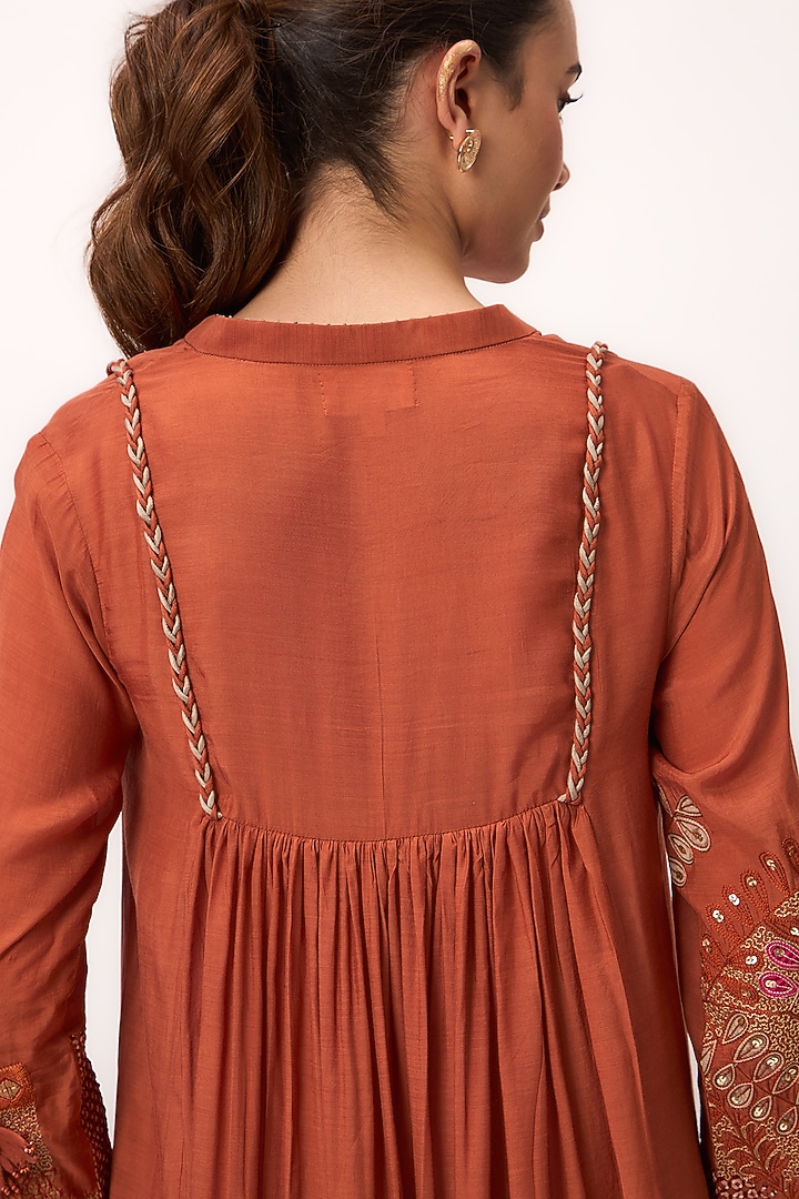 Burnt Orange Organic Muslin Silk Resham Embroidered Vacation Dress by Ruchi Marodia at Pernia's Pop Up Shop