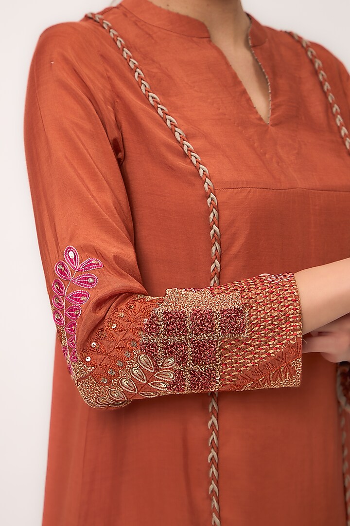 Burnt Orange Organic Muslin Silk Resham Embroidered Vacation Dress by Ruchi Marodia at Pernia's Pop Up Shop