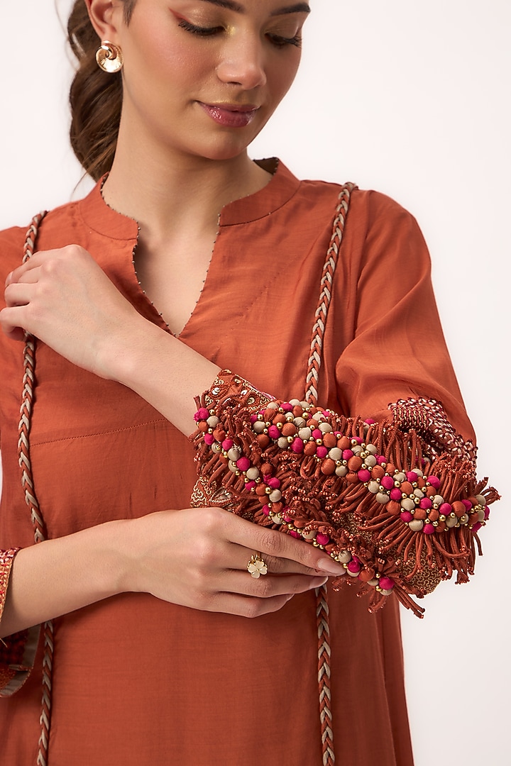 Burnt Orange Organic Muslin Silk Resham Embroidered Vacation Dress by Ruchi Marodia at Pernia's Pop Up Shop