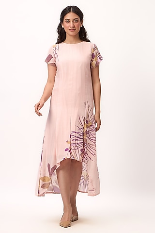 Baby Pink Muslin Silk Digital Printed Dress by Ruchi Marodia