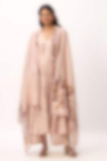 Baby Pink Chanderi Digital Printed Flared Kurta Set by Ruchi Marodia at Pernia's Pop Up Shop