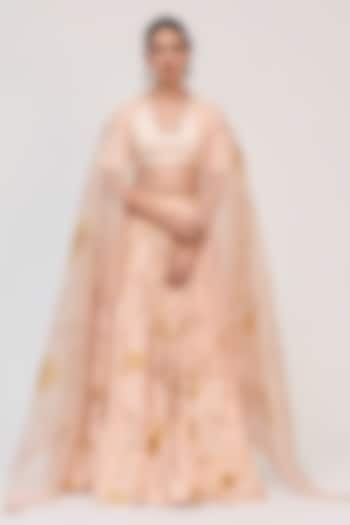 Peach Bamboo Cotton Digital Printed & Hand Embellished Wedding Lehenga Set by Ruchi Marodia at Pernia's Pop Up Shop