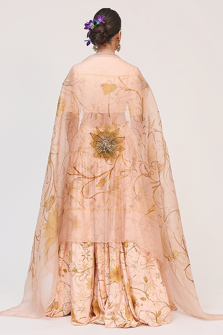 Peach Bamboo Cotton Digital Printed & Hand Embellished Wedding Lehenga Set by Ruchi Marodia at Pernia's Pop Up Shop