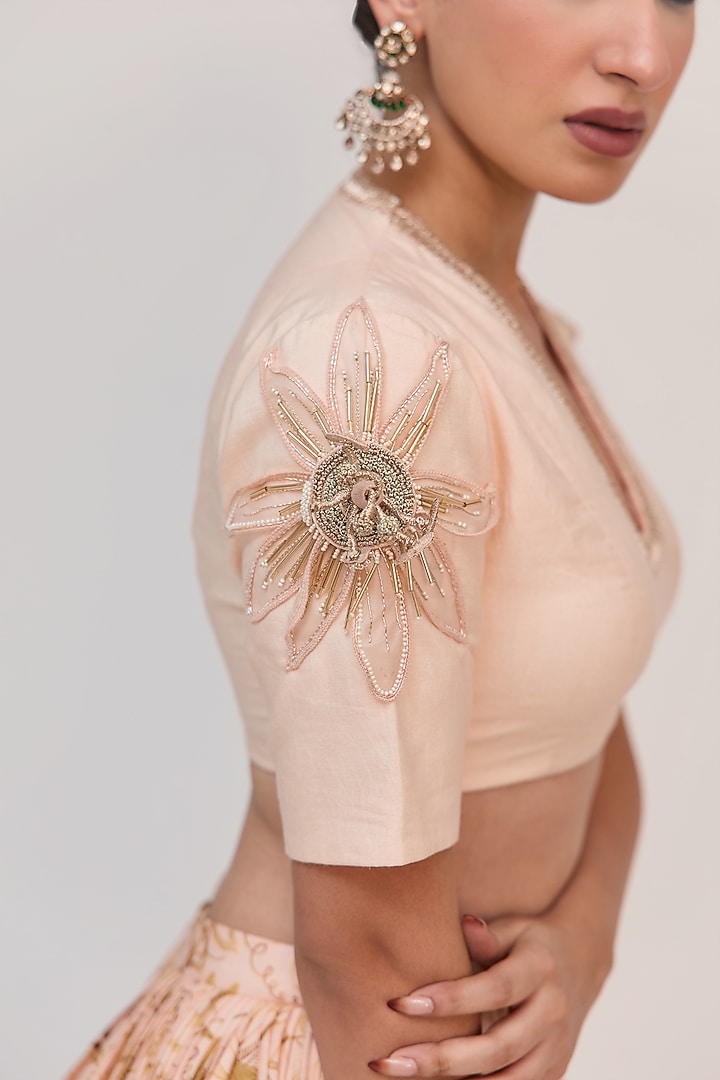 Peach Bamboo Cotton Digital Printed & Hand Embellished Wedding Lehenga Set by Ruchi Marodia at Pernia's Pop Up Shop
