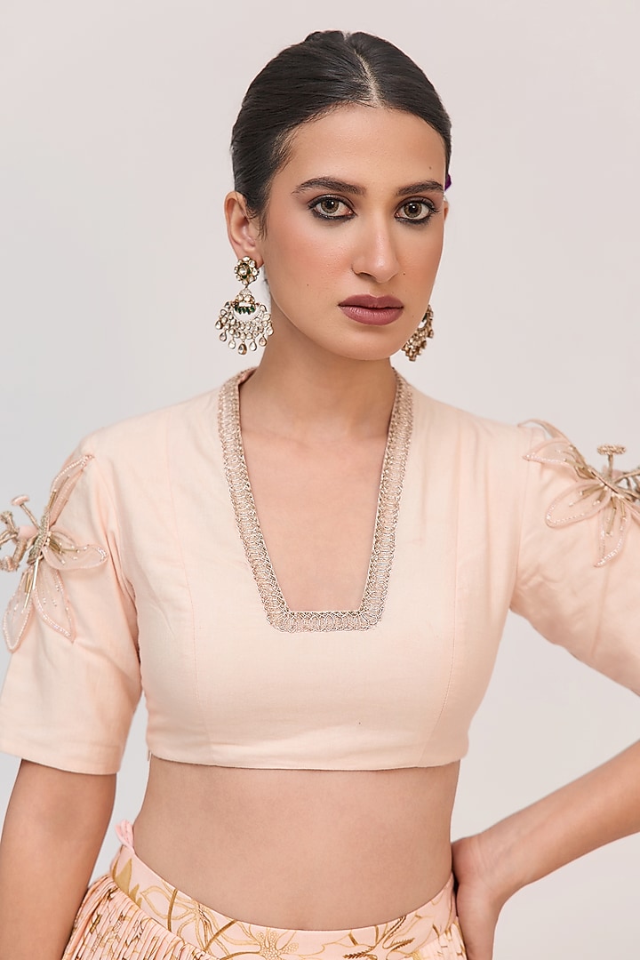 Peach Bamboo Cotton Digital Printed & Hand Embellished Wedding Lehenga Set by Ruchi Marodia at Pernia's Pop Up Shop