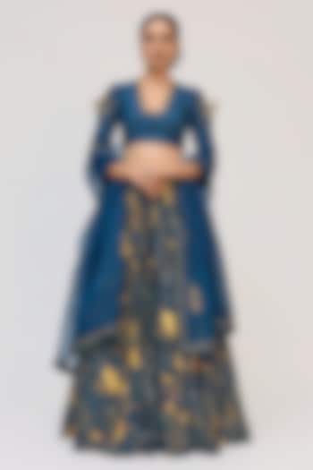 Blue Bamboo Cotton Digital Printed & Hand Embellished Wedding Lehenga Set by Ruchi Marodia at Pernia's Pop Up Shop