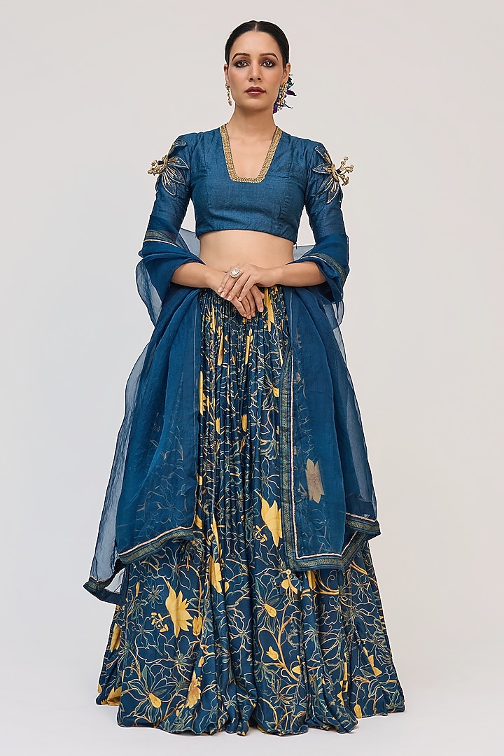 Blue Bamboo Cotton Digital Printed & Hand Embellished Wedding Lehenga Set by Ruchi Marodia at Pernia's Pop Up Shop