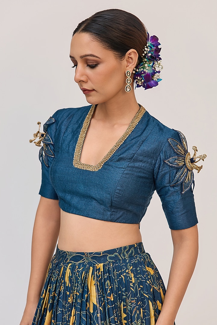Blue Bamboo Cotton Digital Printed & Hand Embellished Wedding Lehenga Set by Ruchi Marodia at Pernia's Pop Up Shop