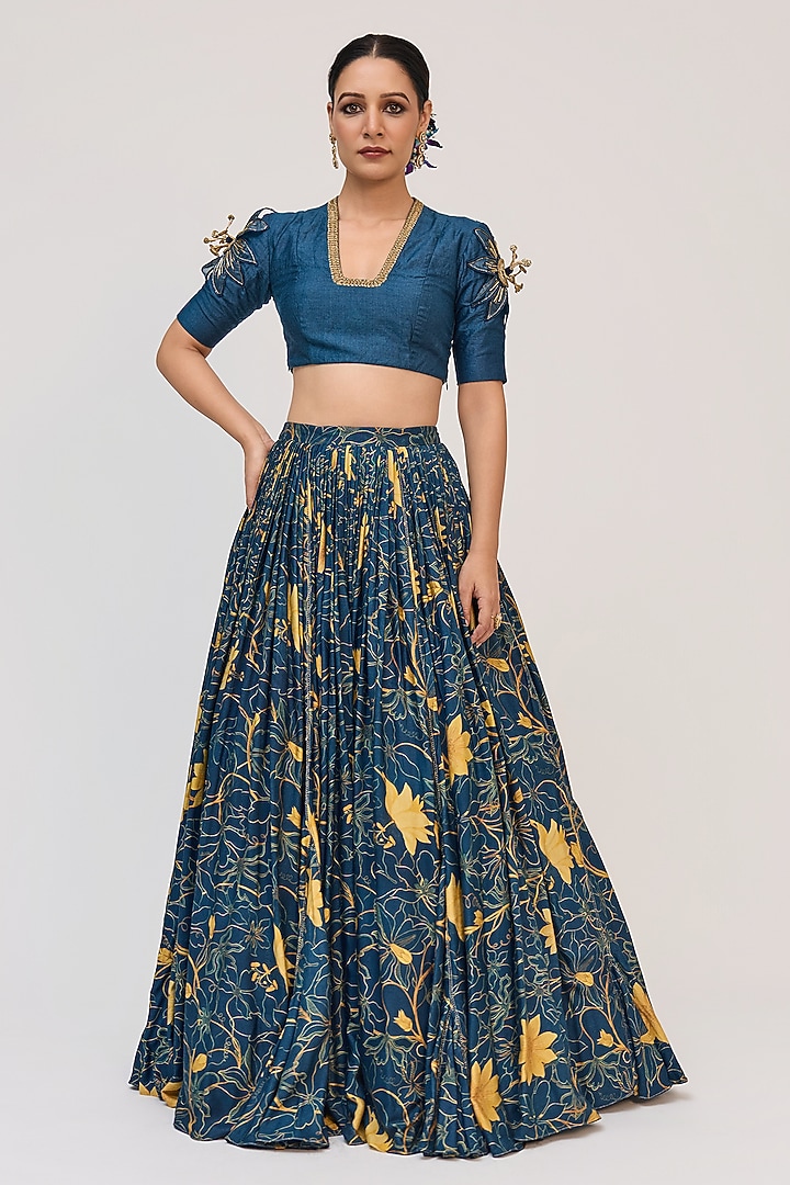 Blue Bamboo Cotton Digital Printed & Hand Embellished Wedding Lehenga Set by Ruchi Marodia at Pernia's Pop Up Shop