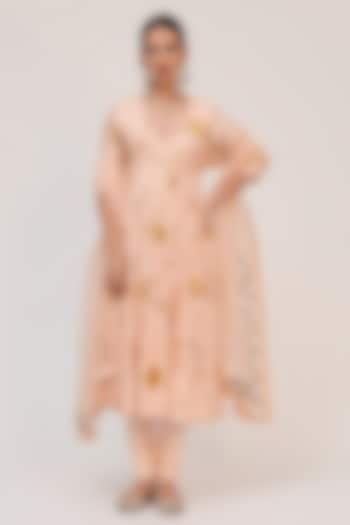 Peach Bamboo Cotton Floral Digital Printed & Embroidered Party Wear Anarkali Set by Ruchi Marodia at Pernia's Pop Up Shop