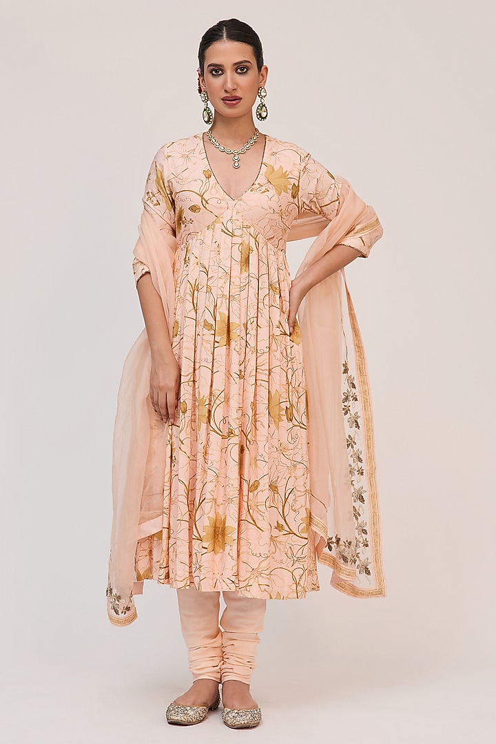 Peach Bamboo Cotton Floral Digital Printed & Embroidered Party Wear Anarkali Set by Ruchi Marodia at Pernia's Pop Up Shop