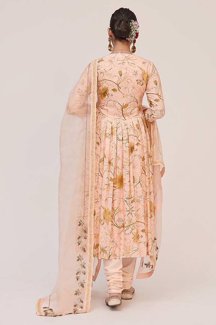 Peach Bamboo Cotton Floral Digital Printed & Embroidered Party Wear Anarkali Set by Ruchi Marodia at Pernia's Pop Up Shop