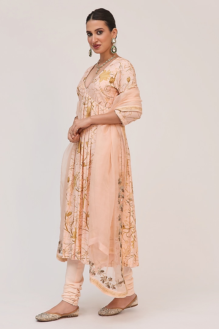 Peach Bamboo Cotton Floral Digital Printed & Embroidered Party Wear Anarkali Set by Ruchi Marodia at Pernia's Pop Up Shop
