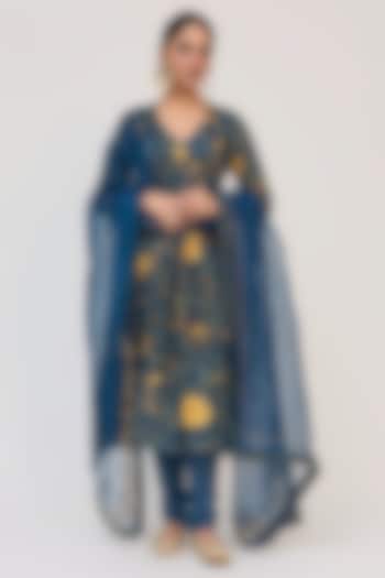 Blue Bamboo Cotton Floral Digital Printed & Embroidered Party Wear Anarkali Set by Ruchi Marodia at Pernia's Pop Up Shop