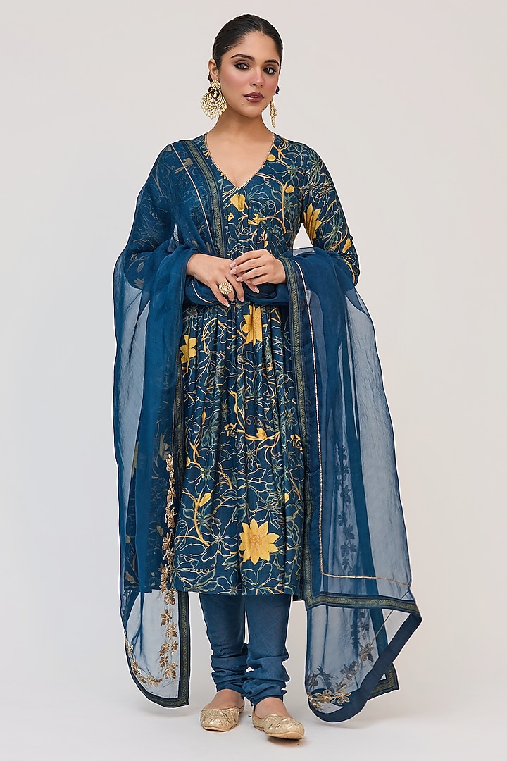 Blue Bamboo Cotton Floral Digital Printed & Embroidered Party Wear Anarkali Set by Ruchi Marodia at Pernia's Pop Up Shop