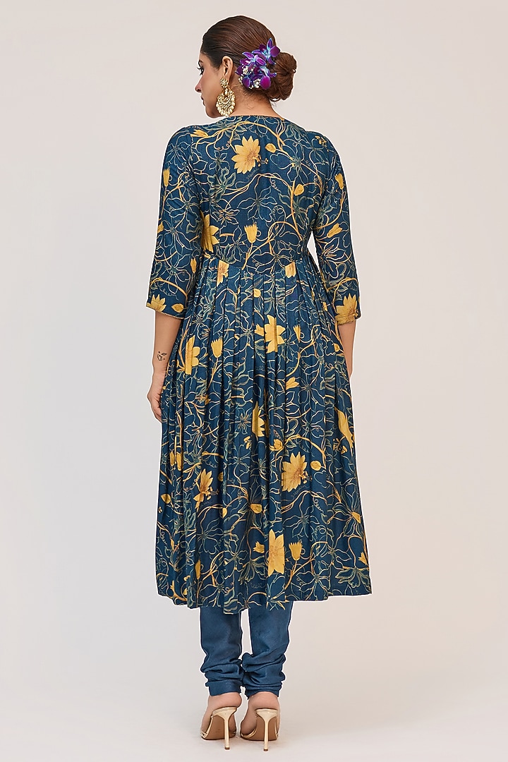 Blue Bamboo Cotton Floral Digital Printed & Embroidered Party Wear Anarkali Set by Ruchi Marodia at Pernia's Pop Up Shop