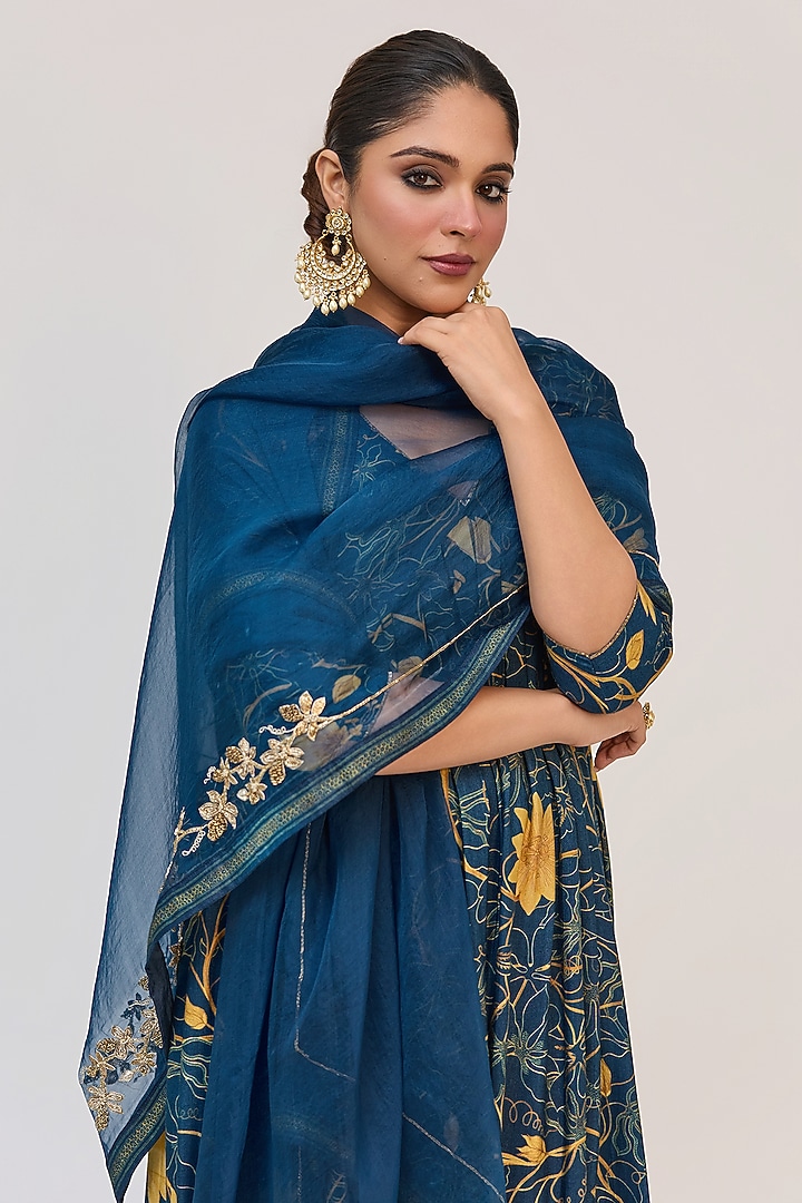Blue Bamboo Cotton Floral Digital Printed & Embroidered Party Wear Anarkali Set by Ruchi Marodia at Pernia's Pop Up Shop