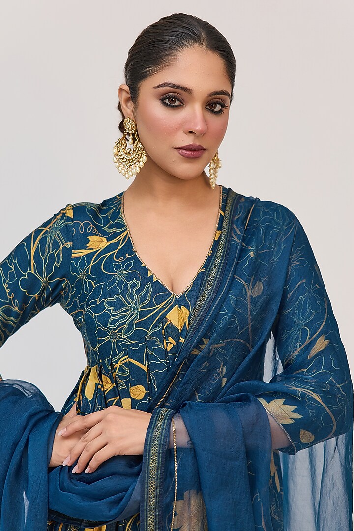 Blue Bamboo Cotton Floral Digital Printed & Embroidered Party Wear Anarkali Set by Ruchi Marodia at Pernia's Pop Up Shop