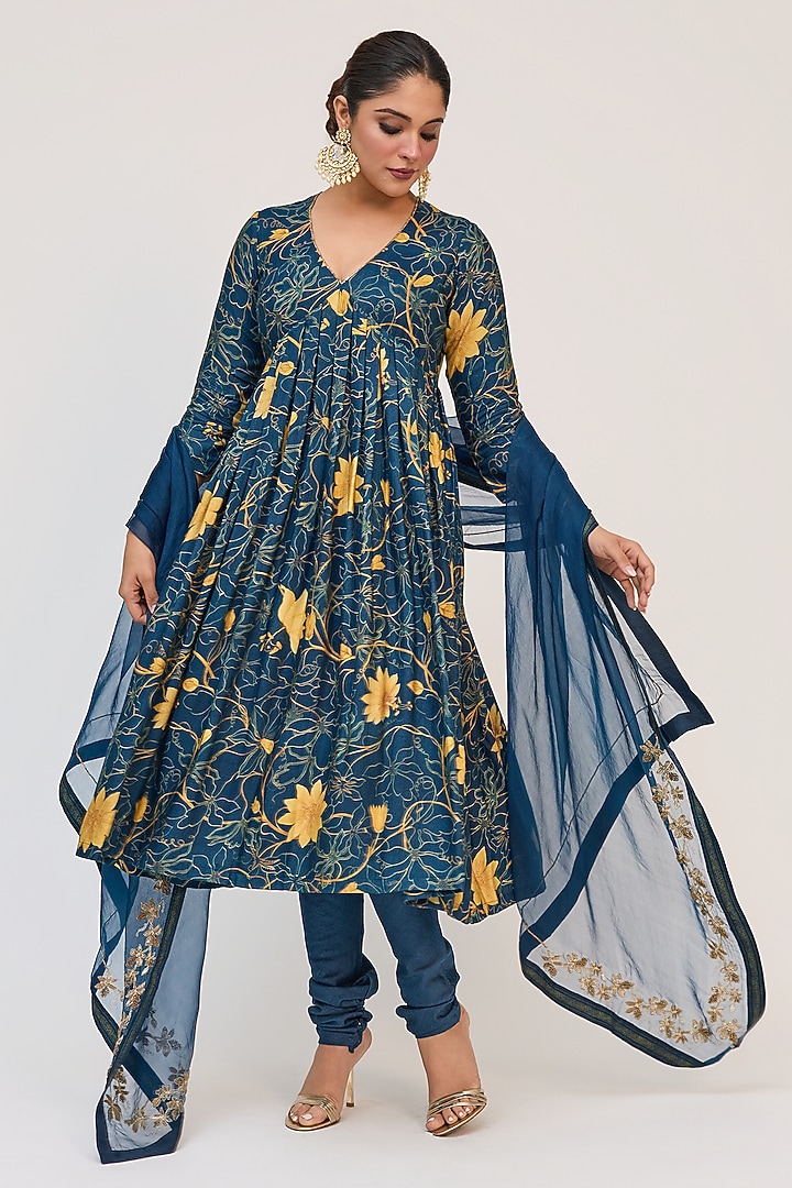 Blue Bamboo Cotton Floral Digital Printed & Embroidered Party Wear Anarkali Set by Ruchi Marodia at Pernia's Pop Up Shop