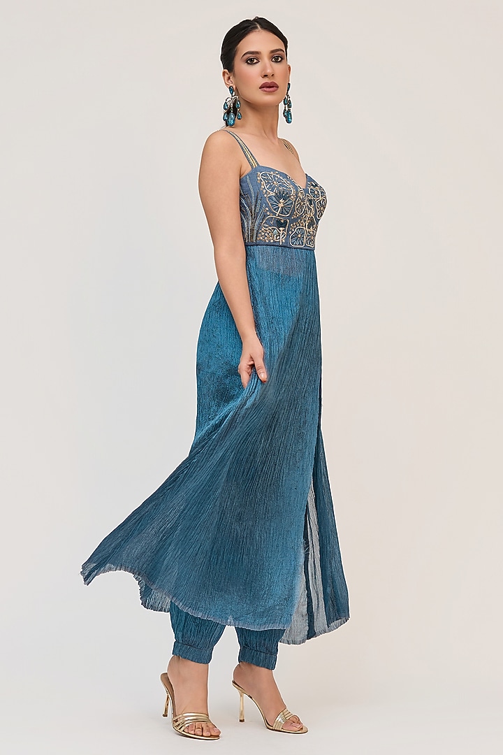 Aqua Blue Bamboo Cotton Embroidered Tunic Set by Ruchi Marodia at Pernia's Pop Up Shop
