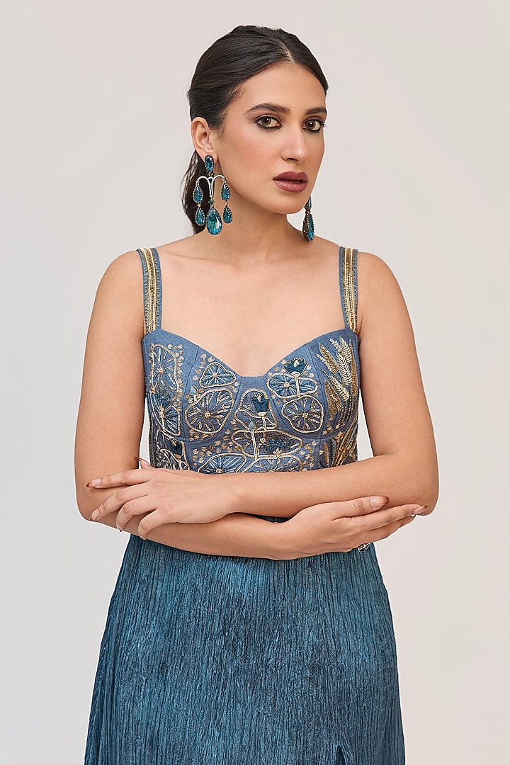 Aqua Blue Bamboo Cotton Embroidered Tunic Set by Ruchi Marodia at Pernia's Pop Up Shop