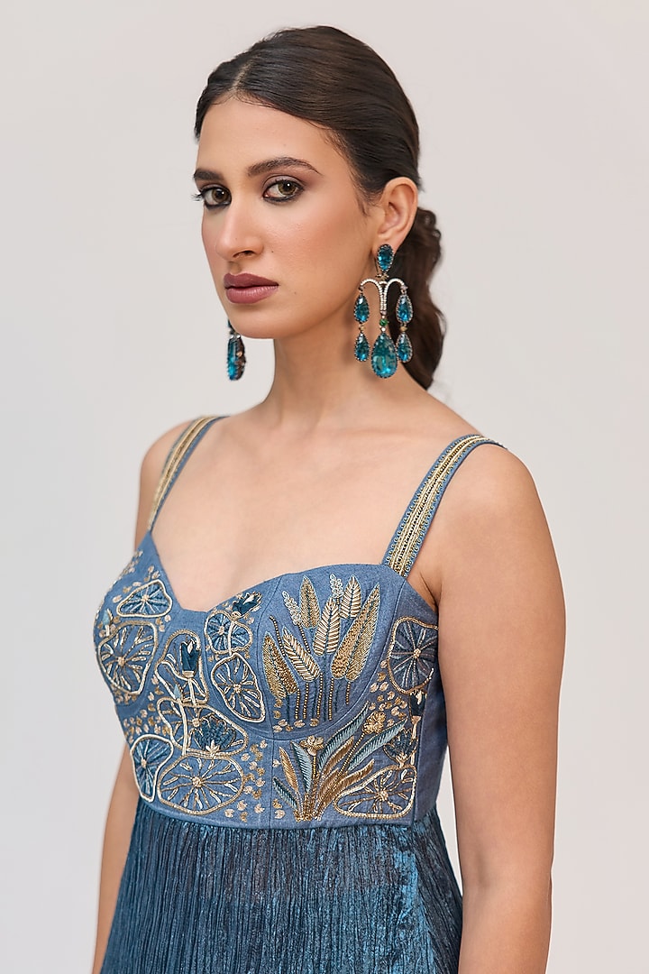 Aqua Blue Bamboo Cotton Embroidered Tunic Set by Ruchi Marodia at Pernia's Pop Up Shop