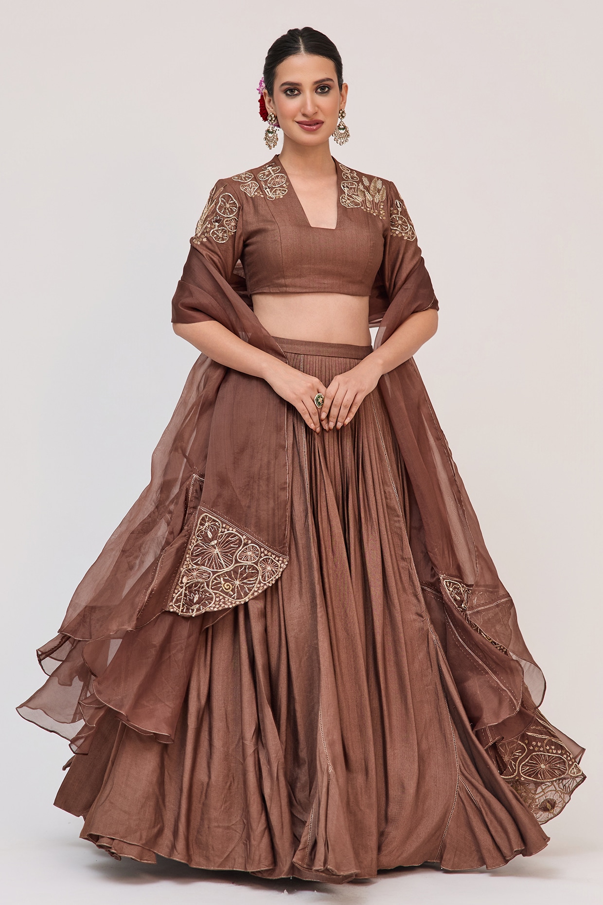 Ruchi Marodia Earthy Brown Bamboo Cotton Floral Embroidered Lehenga Set