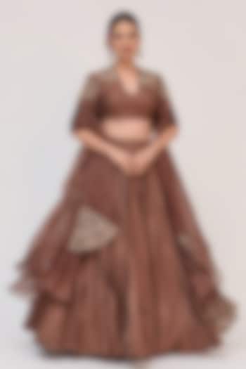 Earthy Brown Bamboo Cotton Floral Embroidered Wedding Lehenga Set by Ruchi Marodia at Pernia's Pop Up Shop